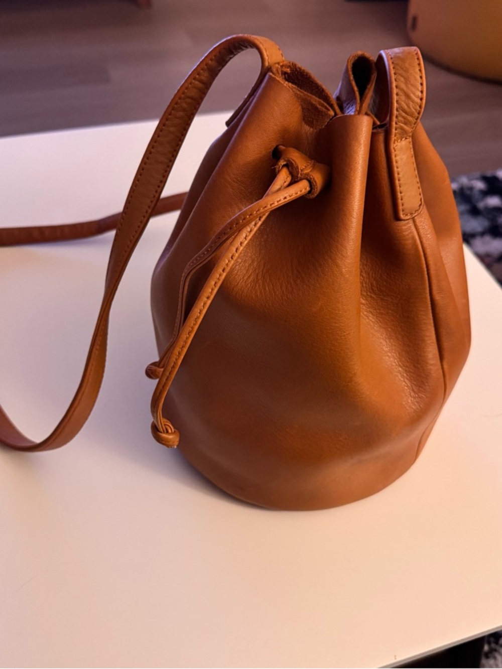 BAGGU Tan Brown Leather Drawstring Crossbody WATER STAINS